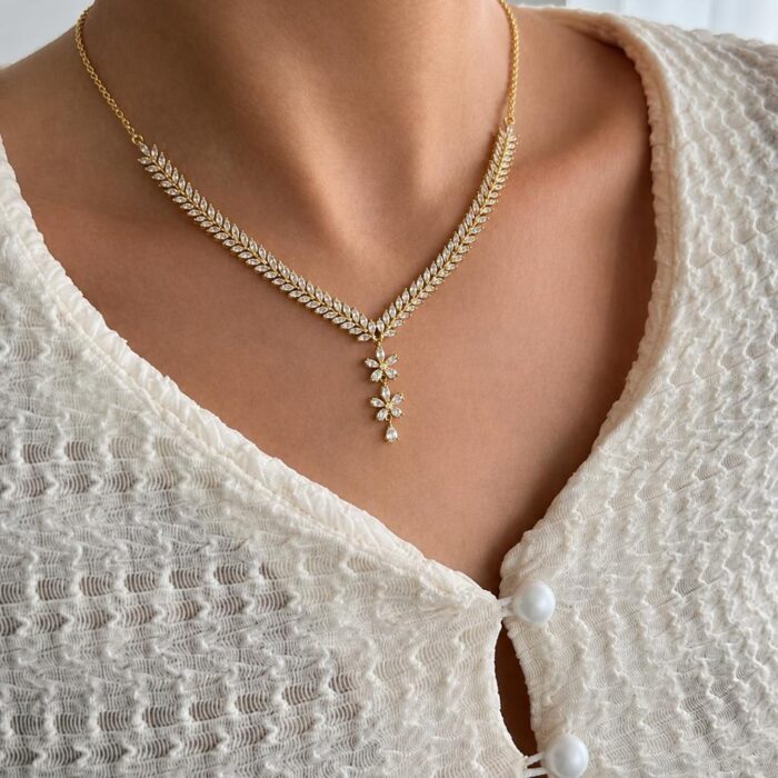 Luxury Gold-Plated Crystal Leaf Necklace with Floral Pendant for Women